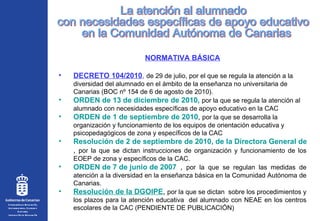 La atención al alumnado con necesidades específicas de apoyo educativo en la Comunidad Autónoma de Canarias ,[object Object],[object Object],[object Object],[object Object],[object Object],[object Object],[object Object],Consejería de Educación, Universidades, Cultura y Deportes Inspección de Educación 