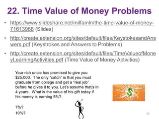 22. Time Value of Money Problems
• https://www.slideshare.net/milfamln/the-time-value-of-money-
71613988 (Slides)
• http://create.extension.org/sites/default/files/KeystokesandAns
wers.pdf (Keystrokes and Answers to Problems)
• http://create.extension.org/sites/default/files/TimeValueofMone
yLearningActivities.pdf (Time Value of Money Activities)
32
 