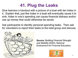 41. Plug the Leaks
Give learners a handout with a picture of a boat with ten holes in
it. Explain that, just like holes in a boat will eventually cause it to
sink, holes in one’s spending can cause financial distress and/or
use up money that could otherwise be saved.
Ask participants to identify personal spending leaks. Then ask
for volunteers to report their leaks to the total group and discuss.
55
Source: Building Financial Strength
and Stability (2004). National
Endowment for Financial Education.
 