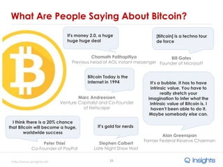 http://www.qinsights.net
What Are People Saying About Bitcoin?
25
[Bitcoin] is a techno tour
de force
Bill Gates
Founder of Microsoft
It's money 2.0, a huge
huge huge deal
Chamath Palihapitiya
Previous head of AOL instant messenger
It’s a bubble. It has to have
intrinsic value. You have to
really stretch your
imagination to infer what the
intrinsic value of Bitcoin is. I
haven’t been able to do it.
Maybe somebody else can.
It’s gold for nerds
Stephen Colbert
Late Night Show Host
Alan Greenspan
Former Federal Reserve Chairman
I think there is a 20% chance
that Bitcoin will become a huge,
worldwide success
Peter Thiel
Co-Founder of PayPal
Bitcoin Today is the
Internet in 1994
Marc Andreessen
Venture Capitalist and Co-Founder
of Netscape
 
