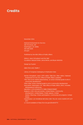 Credits
204 • NATIONAL ENDOWMENT FOR THE ARTS
November 2016
National Endowment for the Arts
400 7th Street, SW
Washington, DC 20506
202-682-5400
arts.gov
Published by the NEA Office of Public Affairs
Editors: Jason Schupbach and Don Ball
Co-editors: Katryna Carter, Jenna Moran, and Bryan McEntire
Design by Fuszion
ISBN 978-0-692-78289-7
Library of Congress Cataloging-in-Publication Data
Names: Schupbach, Jason, 1975- editor. | Ball, Don, 1964- editor. | National
Endowment for the Arts. Office of Public Affairs, publisher.
Title: How to do creative placemaking : an action-oriented guide to arts in
community development.
Other titles: Action-oriented guide to arts in community development
Description: Washington, DC : NEA Office of Public Affairs, 2016. | Includes
bibliographical references.
Identifiers: LCCN 2016043772 | ISBN 9780692782897
Subjects: LCSH: Arts and society—United States. | Community
development—United States. | Public spaces—United
States—Planning—Citizen participation. | Community arts projects—United
States.
Classification: LCC NX180.S6 H69 2016 | DDC 701/.03—dc23 | SUDOC NF 2.2:P
69/3
LC record available at https://lccn.loc.gov/2016043772
 