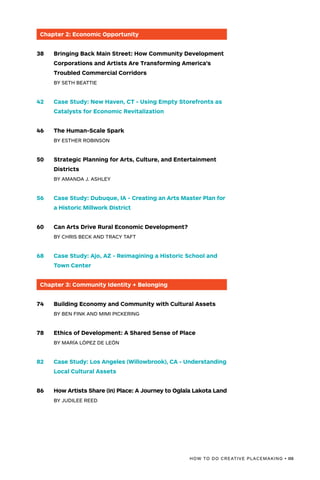 HOW TO DO CREATIVE PLACEMAKING • III
Chapter 2: Economic Opportunity
38	 Bringing Back Main Street: How Community Development
	 Corporations and Artists Are Transforming America’s
	 Troubled Commercial Corridors
	 BY SETH BEATTIE
42	 Case Study: New Haven, CT - Using Empty Storefronts as
	 Catalysts for Economic Revitalization
46	 The Human-Scale Spark
	 BY ESTHER ROBINSON
50	 Strategic Planning for Arts, Culture, and Entertainment
	Districts
	 BY AMANDA J. ASHLEY
56	 Case Study: Dubuque, IA - Creating an Arts Master Plan for
	 a Historic Millwork District
60	 Can Arts Drive Rural Economic Development?
	 BY CHRIS BECK AND TRACY TAFT
68	 Case Study: Ajo, AZ - Reimagining a Historic School and
	 Town Center
Chapter 3: Community Identity + Belonging
74	 Building Economy and Community with Cultural Assets
	 BY BEN FINK AND MIMI PICKERING
78	 Ethics of Development: A Shared Sense of Place
	 BY MARÍA LÓPEZ DE LEÓN
82	 Case Study: Los Angeles (Willowbrook), CA - Understanding
	 Local Cultural Assets
86	 How Artists Share (in) Place: A Journey to Oglala Lakota Land
	 BY JUDILEE REED
 
