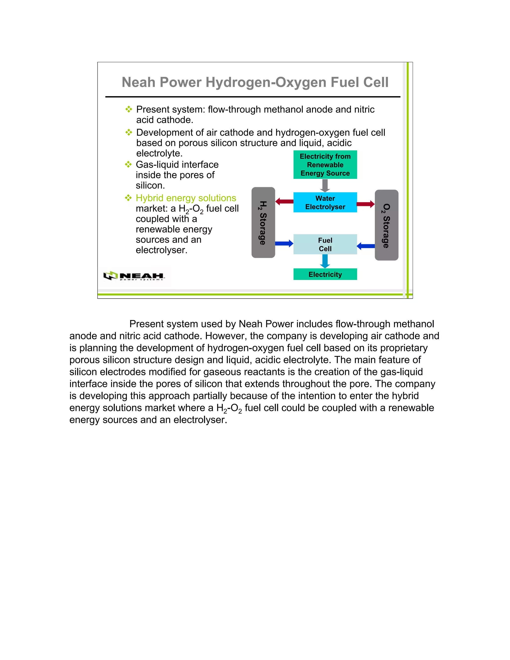 Neah Power Hydrogen-Oxygen Fuel Cell
              Present system: flow-through methanol anode and nitric
              acid cathode.
              Development of air cathode and hydrogen-oxygen fuel cell
              based on porous silicon structure and liquid, acidic
              electrolyte.                          Electricity from
              Gas-liquid interface                     Renewable
              inside the pores of                    Energy Source
              silicon.
              Hybrid energy solutions                    Water




                                          H2 Storage




                                                                     O2 Storage
              market: a H2-O2 fuel cell               Electrolyser
              coupled with a
              renewable energy
              sources and an                              Fuel
              electrolyser.                               Cell


                                                       Electricity




               Present system used by Neah Power includes flow-through methanol
anode and nitric acid cathode. However, the company is developing air cathode and
is planning the development of hydrogen-oxygen fuel cell based on its proprietary
porous silicon structure design and liquid, acidic electrolyte. The main feature of
silicon electrodes modified for gaseous reactants is the creation of the gas-liquid
interface inside the pores of silicon that extends throughout the pore. The company
is developing this approach partially because of the intention to enter the hybrid
energy solutions market where a H2-O2 fuel cell could be coupled with a renewable
energy sources and an electrolyser.
 