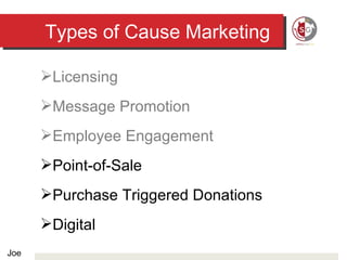 Types of Cause Marketing Licensing Message Promotion Employee Engagement Point-of-Sale Purchase Triggered Donations Digital Joe 