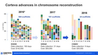 Agriculture Division of DowDuPont™ Corteva AgrisciencesTM - All rights reserved
Corteva advances in chromosome reconstruction
15
1 2 3 4 5 6 7 8 9 10 1 2 3 4 5 6 7 8 9 10 1 2 3 4 5 6 7 8 9 10
2016* 2017 2018300
200
100
0
Length(Mbp)
504 scaffolds 101 scaffolds 24 scaffolds
CSB8V
Data collection: 9 days
Cost: $35,000
GR84Z
Data collection: 21 days
Cost: $55,000
ED85E
Data collection: 180 days
Cost: $142,000
 