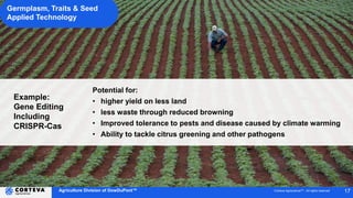 Agriculture Division of DowDuPont™ Corteva AgriscienceTM - All rights reserved 17
Germplasm, Traits & Seed
Applied Technology
Example:
Gene Editing
Including
CRISPR-Cas
Potential for:
• higher yield on less land
• less waste through reduced browning
• Improved tolerance to pests and disease caused by climate warming
• Ability to tackle citrus greening and other pathogens
 