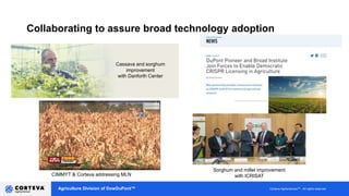 Agriculture Division of DowDuPont™ Corteva AgrisciencesTM - All rights reserved
Collaborating to assure broad technology adoption
Sorghum and millet improvement
with ICRISATCIMMYT & Corteva addressing MLN
Cassava and sorghum
improvement
with Danforth Center
 