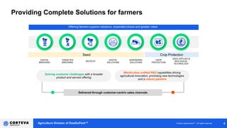 Agriculture Division of DowDuPont™ Corteva AgriscienceTM - All rights reserved 4
Providing Complete Solutions for farmers
Offering farmers superior solutions, expanded choice and greater value
Delivered through customer-centric sales channels
Solving customer challenges with a broader
product and service offering
World-class unified R&D capabilities driving
agricultural innovation, promising new technologies
and a robust pipeline
DIGITAL
BREEDING
DIGITAL
SOLUTIONS
BIOTECH
SEED APPLIED &
BIOLOGICAL
TECHNOLOGY
CROP
PROTECTION
AGRONOMIC
SOLUTIONS
TARGETED
BREEDING
Seed Crop Protection
 