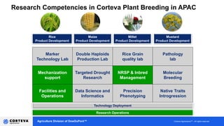 Agriculture Division of DowDuPont™ Corteva AgriscienceTM - All rights reserved
Research Operations
Technology Deployment
Rice
Product Development
Maize
Product Development
Millet
Product Development
Mustard
Product Development
Research Competencies in Corteva Plant Breeding in APAC
Marker
Technology Lab
Double Haploids
Production Lab
Rice Grain
quality lab
Pathology
lab
Mechanization
support
Targeted Drought
Research
NRSP & Inbred
Management
Molecular
Breeding
Facilities and
Operations
Data Science and
Informatics
Precision
Phenotyping
Native Traits
Introgression
 