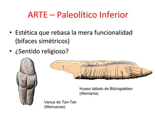 ARTE – Paleolítico Inferior Estética que rebasa la mera funcionalidad (bifaces simétricos) ¿Sentido religioso? Hueso tallado de Bilzingsleben (Alemania) Venus de Tan-Tan (Marruecos) 