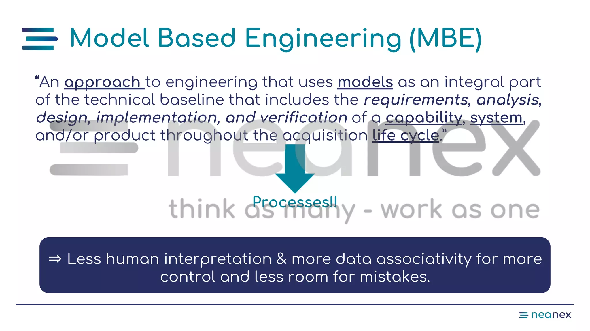 Model Based Engineering (MBE)
“An approach to engineering that uses models as an integral part
of the technical baseline that includes the requirements, analysis,
design, implementation, and verification of a capability, system,
and/or product throughout the acquisition life cycle.”
⇒ Less human interpretation & more data associativity for more
control and less room for mistakes.
Processes!!
 