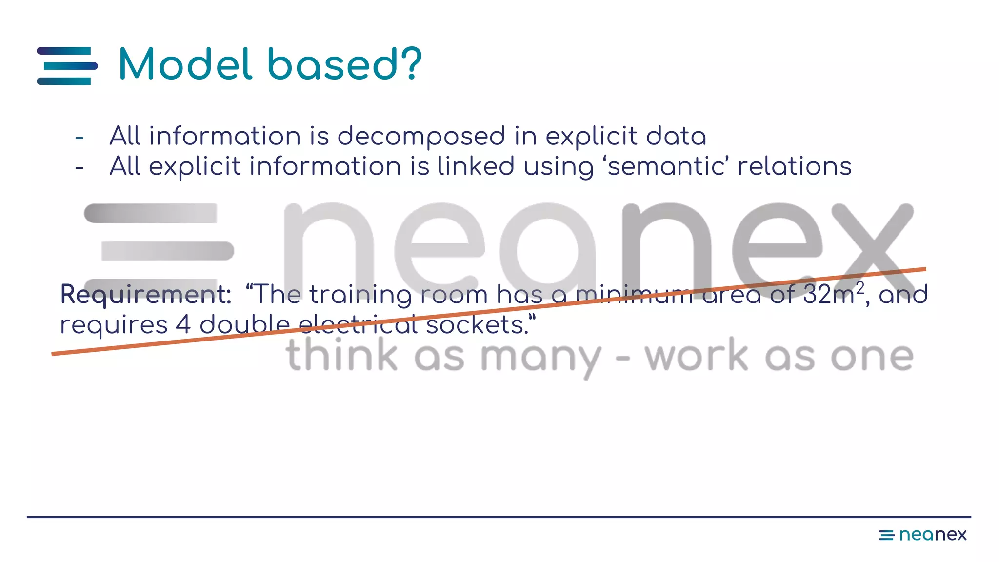 Model based?
- All information is decomposed in explicit data
- All explicit information is linked using ‘semantic’ relations
Requirement: “The training room has a minimum area of 32m2
, and
requires 4 double electrical sockets.”
 