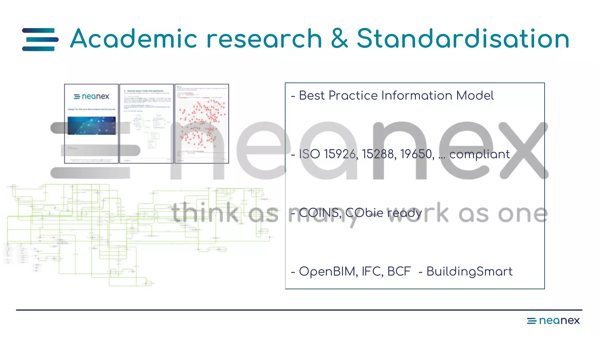 Academic research & Standardisation
- Best Practice Information Model
- ISO 15926, 15288, 19650, ... compliant
- COINS, CObie ready
- OpenBIM, IFC, BCF - BuildingSmart
 