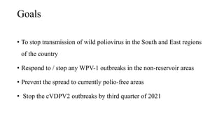 Goals
• To stop transmission of wild poliovirus in the South and East regions
of the country
• Respond to / stop any WPV-1 outbreaks in the non-reservoir areas
• Prevent the spread to currently polio-free areas
• Stop the cVDPV2 outbreaks by third quarter of 2021
 