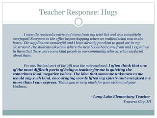 Teacher Response: Hugs 
I recently received a variety of items from my wish list and was completely 
overjoyed! Everyone in the office began clapping when we realized what was in the 
boxes. The supplies are wonderful and I have already put them to good use in my 
classroom! The students asked me where the new books had come from and I explained 
to them that there were some kind people in our community who cared an awful lot 
about them. 
For me, the best part of the gift was the note enclosed. I often think that one 
of the most difficult parts of being a teacher for me is quieting the 
sometimes loud, negative voices. The idea that someone unknown to me 
would say such kind, encouraging words lifted my spirits and energized me 
more than I can express. Thank you so very much for your vision and your 
kindness. 
- Long Lake Elementary Teacher 
Traverse City, MI 
 