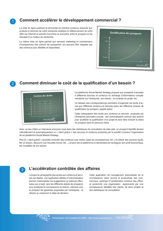 1   Comment accélérer le développement commercial ?
    La mise en ligne publique et structurée de certains contenus associés aux
    produits et services de votre entreprise améliore le référencement de votre
    offre sur Internet et permet d’accroitre la rencontre entre le prospect et les
                                                                                                      Qualification des prospects
    résultats d’un moteur de recherche.

    La même mise en ligne permet aux services marketing et commerciaux
    d’entreprendre des actions de prospection qui peuvent être relayées par
    des contenus plus détaillés et disponibles.




2   Comment diminuer le coût de la qualification d’un besoin ?

                                                                La plateforme Social Market Strategy propose aux prospects d’accéder
                   Gestion des droits                           à différents services et contenus en échange d’informations complé-
                                                                mentaires sur l’entreprise, son besoin, le contexte du projet, etc.

                                                                Un tableau des correspondances permettra d’organiser les droits d’ac-
                                                                cès aux différents contenus et services selon les différents niveaux de
                                                                qualification du prospect, appelé statut.

                                                                Cette cartographie des accès aux contenus et services proposés par
                                                                l’entreprise permettra ensuite une automatisation précise des actions
                                                                pour accélérer la qualification d’un projet et ainsi faire évoluer le statut
                                                                du prospect dans le parcours client.

    Ainsi, au lieu d’être un internaute anonyme noyé dans des statistiques de consultation de sites web, un prospect identifié devient
    naturellement et automatiquement un « client gratuit » des services et contenus proposés par la société à travers l’organisation
    de sa plateforme Social Market Strategy.

    Plus le « client gratuit » souhaite consulter des contenus (cas clients, base de connaissances, etc. ) et utiliser des services (quali-
    fier un besoin, découvrir une nouvelle norme, etc…) et plus vite la plateforme lui demandera de renseigner son profil économique,
    les modalités de son besoin.




      3       L’accélération contrôlée des affaires
              Lorsque la cartographie des accès aux contenus et servi-          Cette application de management automatisée de la
              ces est établie, une application dédiée à l’administrateur        connaissance client accroit la productivité des com-
              permet d’automatiser les suggestions et relances effec-           merciaux, participe à l’amélioration continue des offres,
              tuées par e-mail, vers les différents statuts de prospects        et enclenche une organisation apprenante par une
              pour améliorer la connaissance du besoin, valoriser vers          connaissance détaillée des clients, de leurs projets et
              le prospect les garanties proposées par l’entreprise, et          des statistiques de consultation.
              réduire au maximum le délai de décision.




                                       Présentation de la plateforme SMS - http://www.nearbee.com -
 