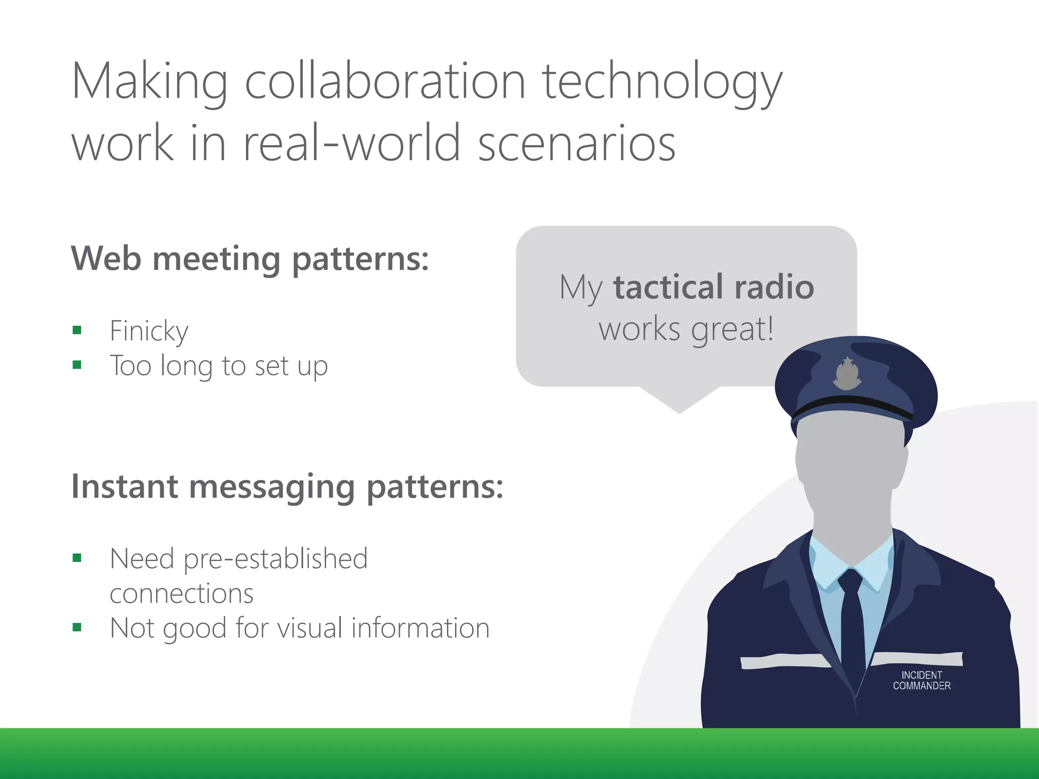 Making collaboration technology
work in real-world scenarios
Web meeting patterns:
 Finicky
 Too long to set up
Instant messaging patterns:
 Need pre-established
connections
 Not good for visual information
My tactical radio
works great!
 