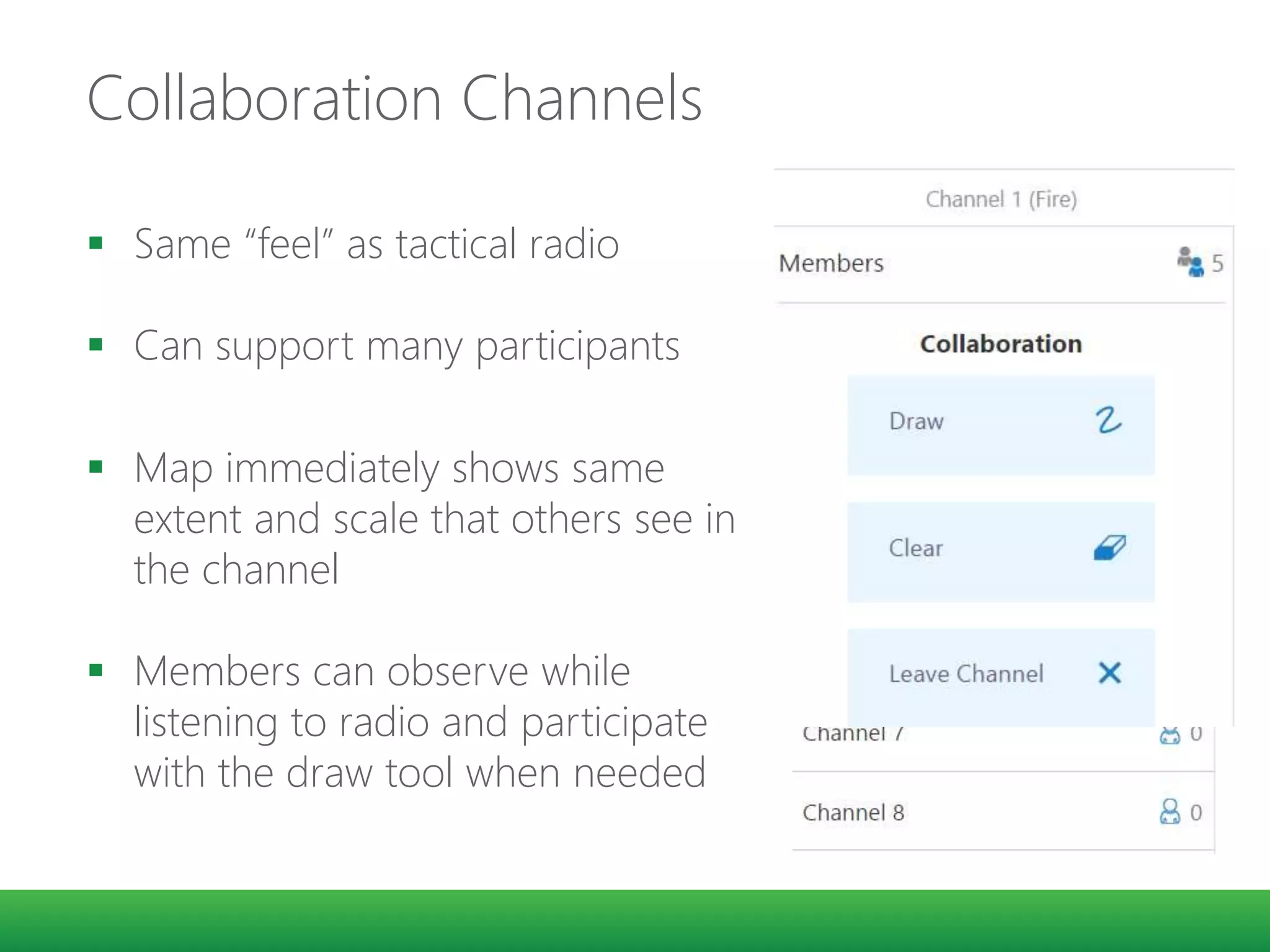 Collaboration Channels
 Same “feel” as tactical radio
 Can support many participants
 Map immediately shows same
extent and scale that others see in
the channel
 Members can observe while
listening to radio and participate
with the draw tool when needed
 