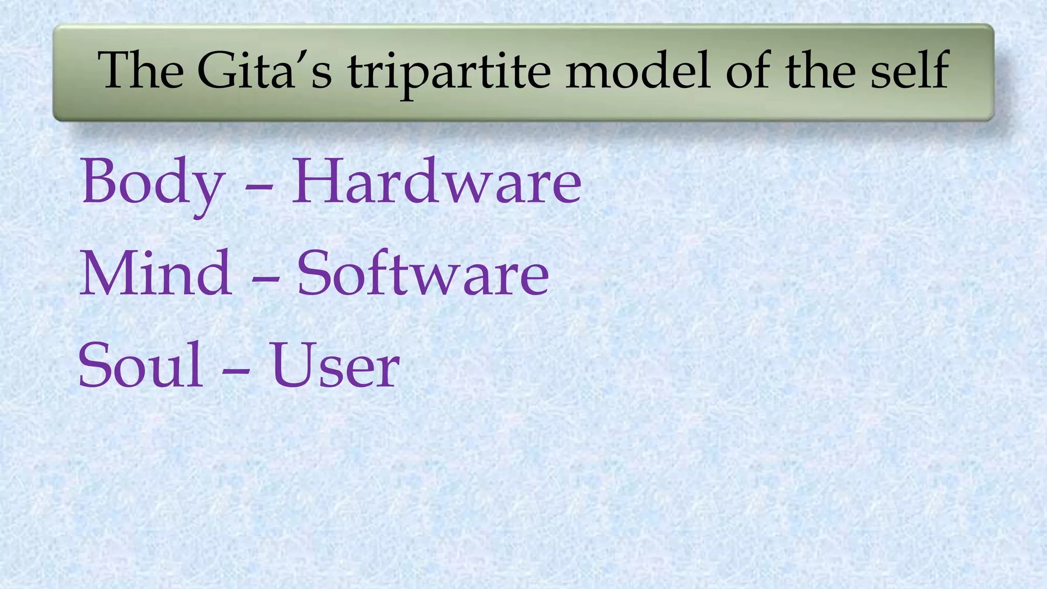 The Gita’s tripartite model of the self
Body – Hardware
Mind – Software
Soul – User