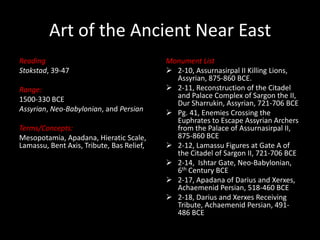 Art of the Ancient Near East Reading Stokstad, 39-47 Range: 1500-330 BCE Assyrian, Neo-Babylonian, and Persian Terms/Concepts: Mesopotamia, Apadana, Hieratic Scale, Lamassu, Bent Axis, Tribute, Bas Relief,  Monument List ,[object Object]