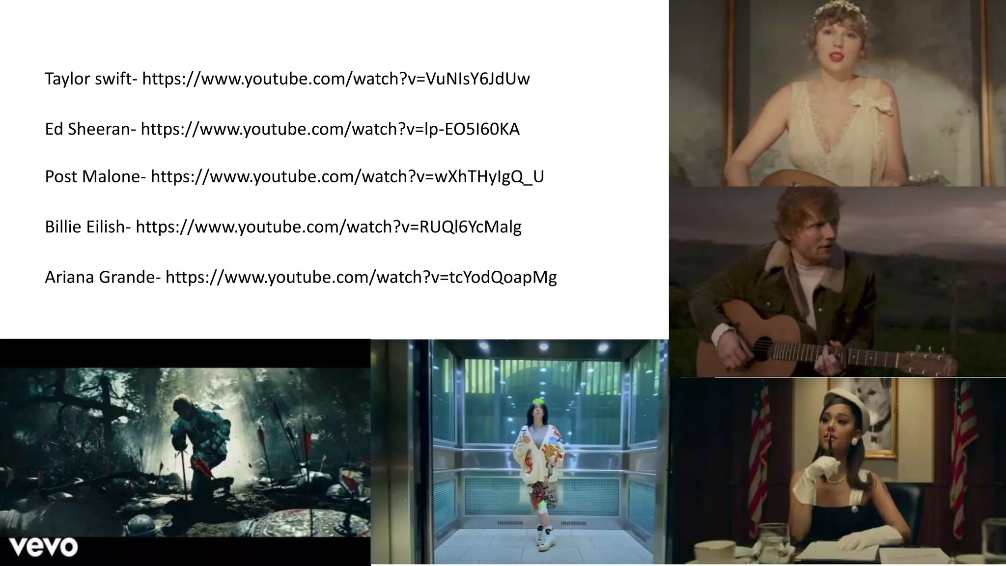 Taylor swift- https://www.youtube.com/watch?v=VuNIsY6JdUw
Ed Sheeran- https://www.youtube.com/watch?v=lp-EO5I60KA
Post Malone- https://www.youtube.com/watch?v=wXhTHyIgQ_U
Billie Eilish- https://www.youtube.com/watch?v=RUQl6YcMalg
Ariana Grande- https://www.youtube.com/watch?v=tcYodQoapMg
 