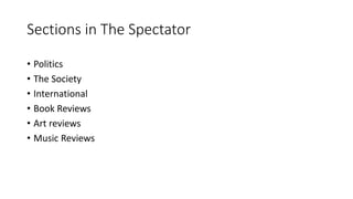Sections in The Spectator
• Politics
• The Society
• International
• Book Reviews
• Art reviews
• Music Reviews
 
