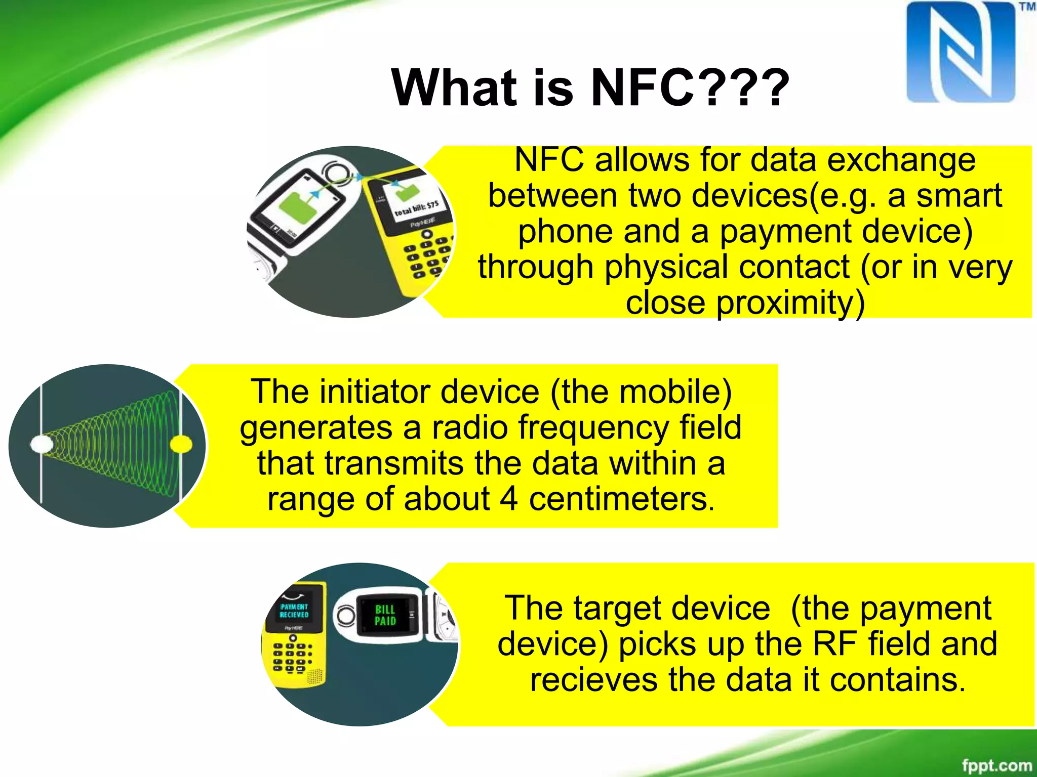 NFC allows for data exchange
between two devices(e.g. a smart
phone and a payment device)
through physical contact (or in very
close proximity)
The initiator device (the mobile)
generates a radio frequency field
that transmits the data within a
range of about 4 centimeters.
The target device (the payment
device) picks up the RF field and
recieves the data it contains.
What is NFC???
 