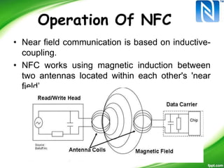 Operation Of NFC
• Near field communication is based on inductive-
coupling.
• NFC works using magnetic induction between
two antennas located within each other's 'near
field’.
 
