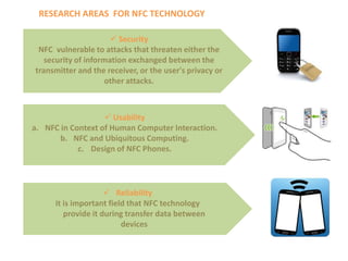 RESEARCH AREAS FOR NFC TECHNOLOGY
 Security
NFC vulnerable to attacks that threaten either the
security of information exchanged between the
transmitter and the receiver, or the user's privacy or
other attacks.

 Usability
a. NFC in Context of Human Computer Interaction.
b. NFC and Ubiquitous Computing.
c. Design of NFC Phones.

 Reliability
it is important field that NFC technology
provide it during transfer data between
devices

 