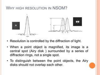 WHY HIGH RESOLUTION IN NSOM?
• Resolution is controlled by the diffraction of light.
• When a point object is magnified, its image is a
central spot (Airy disk ) surrounded by a series of
diffraction rings, not a single spot.
• To distinguish between the point objects, the Airy
disks should not overlap each other.
 