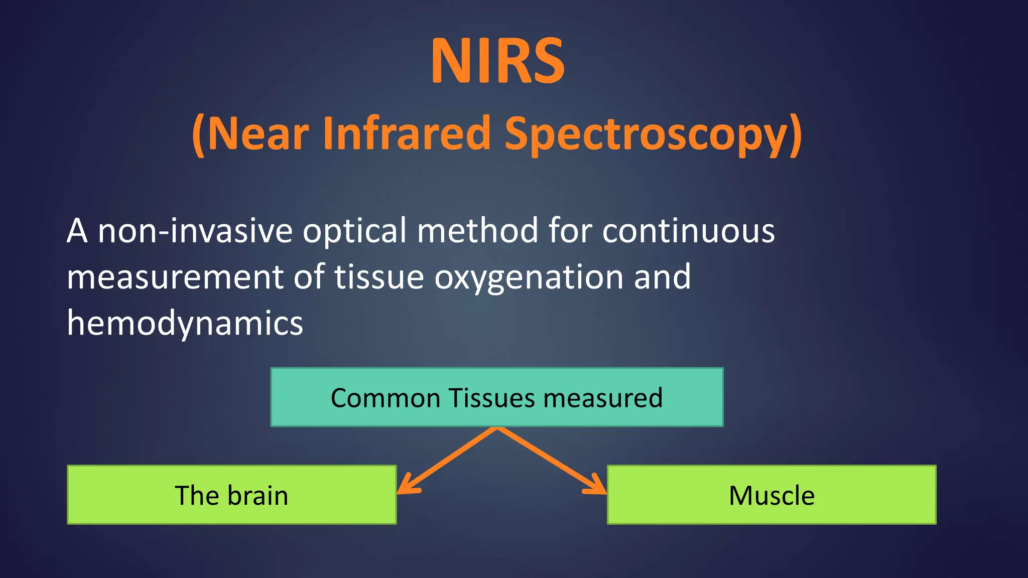 NIRS
(Near Infrared Spectroscopy)
A non-invasive optical method for continuous
measurement of tissue oxygenation and
hemodynamics
The brain Muscle
Common Tissues measured
 
