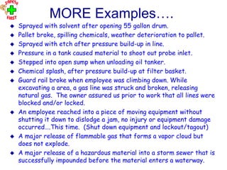 OHT 11
MORE Examples….
 Sprayed with solvent after opening 55 gallon drum.
 Pallet broke, spilling chemicals, weather deterioration to pallet.
 Sprayed with etch after pressure build-up in line.
 Pressure in a tank caused material to shoot out probe inlet.
 Stepped into open sump when unloading oil tanker.
 Chemical splash, after pressure build-up at filter basket.
 Guard rail broke when employee was climbing down. While
excavating a area, a gas line was struck and broken, releasing
natural gas. The owner assured us prior to work that all lines were
blocked and/or locked.
 An employee reached into a piece of moving equipment without
shutting it down to dislodge a jam, no injury or equipment damage
occurred….This time. (Shut down equipment and lockout/tagout)
 A major release of flammable gas that forms a vapor cloud but
does not explode.
 A major release of a hazardous material into a storm sewer that is
successfully impounded before the material enters a waterway.
 