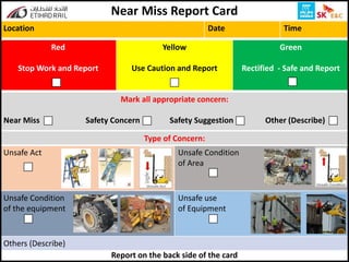 Mark all appropriate concern:
Near Miss Safety Concern Safety Suggestion Other (Describe)
Near Miss Report Card
Location Date Time
Red
Stop Work and Report
Yellow
Use Caution and Report
Green
Rectified - Safe and Report
Report on the back side of the card
Type of Concern:
Unsafe Act Unsafe Condition
of Area
Unsafe Condition
of the equipment
Unsafe use
of Equipment
Others (Describe)
 