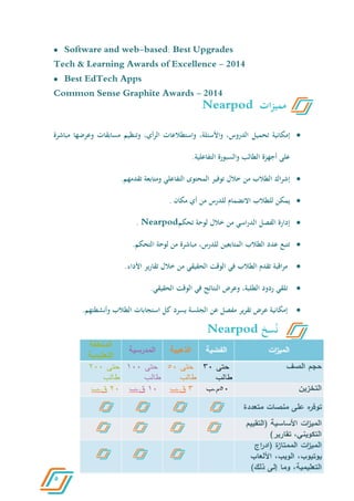 5
 Software and web-based: Best Upgrades
Tech & Learning Awards of Excellence - 2014
 Best EdTech Apps
Common Sense Graphite Awards - 2014
‫إمكانية‬‫تحميل‬،‫الدروس‬‫واألسئلة‬،‫واستطالعات‬‫أي‬‫ر‬‫ال‬،‫وتنظيم‬‫مسابقات‬‫وعرضها‬‫م‬‫باشرة‬
‫على‬‫أجهزة‬‫الطالب‬‫والسبورة‬‫التفاعلية‬.
‫اك‬‫ر‬‫إش‬‫الطالب‬‫من‬‫خالل‬‫توفير‬‫المحتوى‬‫التفاعلي‬‫ومتابعة‬‫تقدمهم‬.
‫يمكن‬‫للطالب‬‫االنضمام‬‫للدرس‬‫من‬‫أي‬‫مكان‬.
‫إدارة‬‫الفصل‬‫اسي‬‫ر‬‫الد‬‫من‬‫خالل‬‫لوحة‬‫تحكم‬Nearpod.
‫تتبع‬‫عدد‬‫الطالب‬‫المتابعين‬،‫للدرس‬‫مباشرة‬‫من‬‫لوحة‬‫التحكم‬.
‫اقبة‬‫ر‬‫م‬‫تقدم‬‫الطالب‬‫في‬‫الوقت‬‫الحقيقي‬‫من‬‫خالل‬‫تقارير‬‫األداء‬.
‫تلقي‬‫ردود‬،‫الطلبة‬‫وعرض‬‫النتائج‬‫في‬‫الوقت‬‫الحقيقي‬.
‫إمكانية‬‫عرض‬‫ير‬‫ر‬‫تق‬‫مفصل‬‫عن‬‫الجلسة‬‫يسرد‬‫كل‬‫استجابات‬‫الطالب‬‫وأنشطتهم‬.
‫سخ‬ُ‫ن‬Nearpod
‫ات‬‫ز‬‫ممي‬Nearpod
 