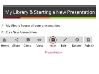 My Library & Starting a New Presentation

 My Library houses all your presentations

 Click New Presentation



Home Share      Clone    View      New       Edit   Delete   Publish

                                Presentation
 