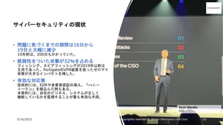 5/16/2023 All Copyrights reserved by Nissho Electronics USA Corp 10
Kevin Mandia
CEO
サイバーセキュリティの現状
• 問題に気づくまでの期間は16日から
19日と大幅に減少
10年前は、200日もかかっていた。
• 脆弱性をついた攻撃が32％を占める
フィッシング、スピアフィッシングが2019年以前は
主流であった。FortigateのVPN装置を狙ったゼロデイ
攻撃が大きなインパクトを残した。
• 有効な対応策
技術的には、EDRや多要素認証の導入。「ハニー
トークン」を組込んだ例もある。
本質的には、自社のビジネス、システムが正しく
機能しているかを監視することが最も有効な手段。
 