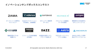 イノベーションサンドボックスコンテスト
5/16/2023 All Copyrights reserved by Nissho Electronics USA Corp 17
オープンソース暗号化
テクノロジー
SaaSアプリケーション
の可視化、自動修復
セキュリティ監査用
ポータル
プライバシーの保護と
データの管理
開発者向けの包括的な
セキュリティツール
機械学習モデルを
保護する
ソフトウェアの依存関係
を可視化
本原因の追究により、
アラートを減らす
不正なサードパーティ
アプリの検出
Web3に対応した詐称
防止プラットフォーム
 