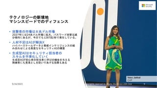 5/16/2023 All Copyrights reserved by Nissho Electronics USA Corp 9
Vasu Jakkal
CVP
テクノロジーの新境地
マシンスピードでのディフェンス
• 攻撃者の市場は８兆ドル市場
2027年には24兆ドル市場に拡大。パスワード攻撃は減
少傾向にあるが、今日でも1287回/秒で発生している。
• 人材不足はAIが解決X
ハイパースケールデータと脅威インテリジェンスの組
み合わせによる高度なセキュリティAIの構築
• 生成型AIはセキュリティ担当者の
スキルを平準化していく
生成型AIが初心者の担当者に学びの機会を与える
熟練者にも見落としを防いであげる効果もある
 