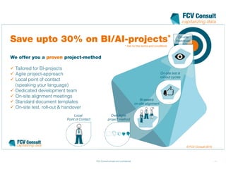 - 1 -FCV Consult private and confidential
capitalizing data
Local
Point of Contact
Own Agile
project method
Bi-weekly
on-site alignment
On-site test &
roll-out cycles
On-site
Handover
 Tailored for BI-projects
 Agile project-approach
 Local point of contact
(speaking your language)
 Dedicated development team
 On-site alignment meetings
 Standard document templates
 On-site test, roll-out & handover
* Ask for the terms and conditions
© FCV Consult 2019
 