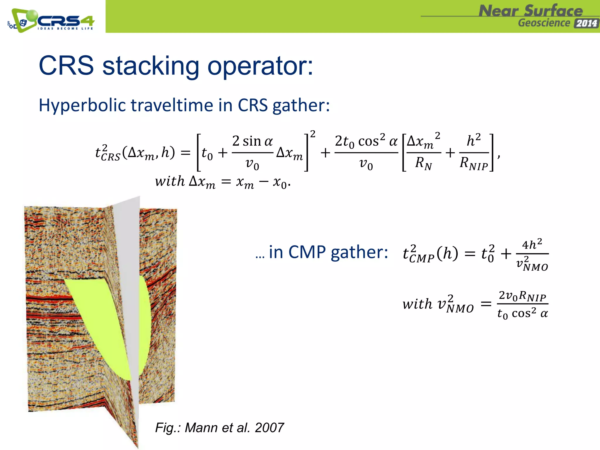 CRS stacking operator:
Hyperbolic traveltime in CRS gather:
𝑡 𝐶𝑅𝑆
2
∆𝑥 𝑚, ℎ = 𝑡0 +
2 sin 𝛼
𝑣0
∆𝑥 𝑚
2
+
2𝑡0 cos2
𝛼
𝑣0
∆𝑥 𝑚
2
𝑅 𝑁
+
ℎ2
𝑅 𝑁𝐼𝑃
,
𝑤𝑖𝑡ℎ ∆𝑥 𝑚 = 𝑥 𝑚 − 𝑥0.
… in CMP gather: 𝑡 𝐶𝑀𝑃
2
ℎ = 𝑡0
2
+
4ℎ2
𝑣 𝑁𝑀𝑂
2
𝑤𝑖𝑡ℎ 𝑣 𝑁𝑀𝑂
2
=
2𝑣0 𝑅 𝑁𝐼𝑃
𝑡0 cos2 𝛼
Fig.: Mann et al. 2007
 