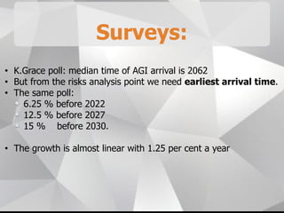 Surveys:
• K.Grace poll: median time of AGI arrival is 2062
• But from the risks analysis point we need earliest arrival time.
• The same poll:
6.25 % before 2022
12.5 % before 2027
15 % before 2030.
• The growth is almost linear with 1.25 per cent a year
 