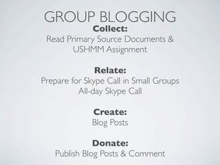 GROUP BLOGGING
            Collect:
 Read Primary Source Documents &
        USHMM Assignment

               Relate:
Prepare for Skype Call in Small Groups
          All-day Skype Call

              Create:
              Blog Posts

              Donate:
   Publish Blog Posts & Comment
 