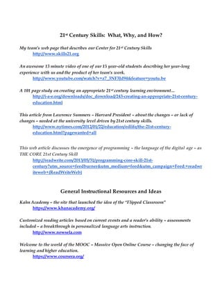 21st Century Skills: What, Why, and How?
My team’s web page that describes our Center for 21st Century Skills
http://www.skills21.org
An awesome 13 minute video of one of our 15 year-old students describing her year-long
experience with us and the product of her team’s work.
http://www.youtube.com/watch?v=z7_3NF3Jd94&feature=youtu.be
A 101 page study on creating an appropriate 21st century learning environment…
http://i-a-e.org/downloads/doc_download/243-creating-an-appropriate-21st-century-
education.html
This article from Lawrence Summers – Harvard President – about the changes – or lack of
changes – needed at the university level driven by 21st century skills.
http://www.nytimes.com/2012/01/22/education/edlife/the-21st-century-
education.html?pagewanted=all
This web article discusses the emergence of programming – the language of the digital age – as
THE CORE 21st Century Skill
http://readwrite.com/2013/05/31/programming-core-skill-21st-
century?utm_source=feedburner&utm_medium=feed&utm_campaign=Feed:+readwr
iteweb+(ReadWriteWeb)
General Instructional Resources and Ideas
Kahn Academy – the site that launched the idea of the “Flipped Classroom”
https://www.khanacademy.org/
Customized reading articles based on current events and a reader’s ability – assessments
included – a breakthrough in personalized language arts instruction.
http://www.newsela.com
Welcome to the world of the MOOC – Massive Open Online Course – changing the face of
learning and higher education.
https://www.coursera.org/
 