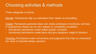 Three categories of activity
Narrate: Participants help us understand their needs via storytelling
Create: Participants generate ideas and create prototypes of products, services,
or experiences (these can be very realistic or completely unrealistic)
• Sometimes participants create viable solution concepts
• Sometimes participants create items that give designers insight & direction
Prioritize: Participants make connections and judgments that help us understand
the value of potential design solutions
Choosing activities & methods
 