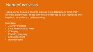 Telling stories helps participants express more detailed and emotionally
resonant experiences. These activities are intended to elicit memories and
help build empathy and understanding.
Examples:
• Journey mapping
• Love letter/breakup letter
• Collaging
• Empathy mapping
• Knowledge hunt
• Reenactments
‘Narrate’ activities
 