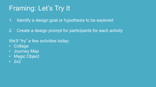 1. Identify a design goal or hypothesis to be explored
2. Create a design prompt for participants for each activity
We’ll “try” a few activities today:
• Collage
• Journey Map
• Magic Object
• 2x2
Framing: Let’s Try It
 