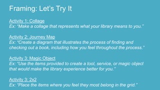 Activity 1: Collage
Ex: “Make a collage that represents what your library means to you.”
Activity 2: Journey Map
Ex: “Create a diagram that illustrates the process of finding and
checking out a book, including how you feel throughout the process.”
Activity 3: Magic Object
Ex: “Use the items provided to create a tool, service, or magic object
that would make the library experience better for you.”
Activity 3: 2x2
Ex: “Place the items where you feel they most belong in the grid.”
Framing: Let’s Try It
 