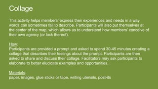 Collage
This activity helps members’ express their experiences and needs in a way
words can sometimes fail to describe. Participants will also put themselves at
the center of the map, which allows us to understand how members’ conceive of
their own agency (or lack thereof).
How:
Participants are provided a prompt and asked to spend 30-45 minutes creating a
collage that describes their feelings about the prompt. Participants are then
asked to share and discuss their collage. Facilitators may ask participants to
elaborate to better elucidate examples and opportunities.
Materials:
paper, images, glue sticks or tape, writing utensils, post-its
 