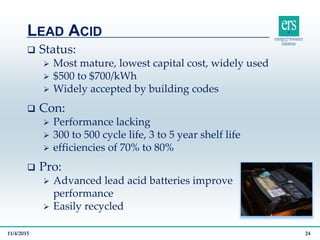  Status:
 Most mature, lowest capital cost, widely used
 $500 to $700/kWh
 Widely accepted by building codes
 Con:
 Performance lacking
 300 to 500 cycle life, 3 to 5 year shelf life
 efficiencies of 70% to 80%
 Pro:
 Advanced lead acid batteries improve
performance
 Easily recycled
LEAD ACID
11/4/2015 24
 