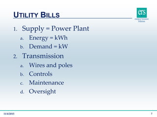 1. Supply = Power Plant
a. Energy = kWh
b. Demand = kW
2. Transmission
a. Wires and poles
b. Controls
c. Maintenance
d. Oversight
UTILITY BILLS
11/4/2015 7
 